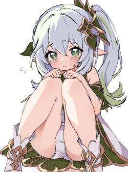 1girl blush boots closed_mouth commentary_request crotch_seam dress flying_sweatdrops genshin_impact green_eyes green_hair grey_hair haguran hair_ornament knees_up leaf_hair_ornament loli multicolored_hair nahida_(genshin_impact) panties pointy_ears side_ponytail simple_background sitting solo streaked_hair two-tone_hair underwear white_background white_boots white_panties
