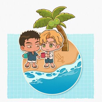 2boys ai_ai_gasa ao_isami beach big_head black_hair blonde_hair blue_shirt blue_shorts character_name chibi chibi_only closed_mouth coconut_tree couple cup facial_hair film_grain flip-flops full_body green_eyes grid_background holding holding_cup lewis_smith luo_zi male_focus multiple_boys open_clothes open_shirt outline palm_tree sandals shirt short_hair shorts sideburns_stubble standing stubble tree white_outline white_shirt white_shorts yaoi yuuki_bakuhatsu_bang_bravern
