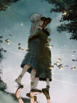 2girls anklet asimov_(spindle_(aidenr0)) blue_skirt brown_hair brown_shoes brown_skirt cloak closed_eyes commentary couple earrings english_commentary from_below full_body gold_anklet green_shirt hair_bun highres hug jewelry kiss leaf multiple_girls original ottilie_(spindle_(aidenr0)) outdoors pointy_ears reflection reflection_focus reflective_liquid ripples shirt shoes skirt sky spindle_(aidenr0) standing upside-down white_cloak white_hair yuri
