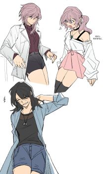 3girls absurdres aqua_eyes black_choker black_hair black_shirt black_shorts black_thighhighs blue_coat blue_shorts blush breasts brown_shirt choker closed_eyes closed_mouth coat cropped_legs dissidia_duellum_final_fantasy dissidia_final_fantasy final_fantasy final_fantasy_viii final_fantasy_xiii garbage_paper hair_between_eyes hand_in_own_hair highres jacket jewelry lightning_farron long_coat medium_breasts multiple_girls multiple_rings necklace off-shoulder_sweater off_shoulder official_alternate_costume open_mouth parted_lips pink_hair pink_skirt ring ring_necklace rinoa_heartilly serah_farron shirt shorts siblings side_ponytail single_bare_shoulder sisters skirt smile suit_jacket sweater thighhighs turtleneck turtleneck_sweater wavy_hair white_background white_sweater zettai_ryouiki