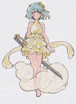 1girl bare_legs barefoot blue_eyes blue_hair cloud commentary_request dress flower frilled_dress frills full_body hair_flower hair_ornament halterneck holding holding_sword holding_weapon looking_at_viewer mahou_shoujo_madoka_magica mahou_shoujo_madoka_magica_(anime) miki_sayaka rekoku short_hair sleeveless sleeveless_dress solo sword weapon white_background yellow_dress yellow_flower