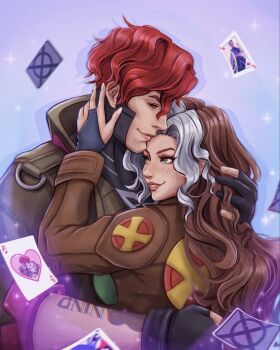 1boy 1girl arm_tattoo black_bridal_gauntlets black_gloves black_sclera blurry bridal_gauntlets brown_coat brown_hair brown_jacket card coat colored_sclera commentary couple curly_hair depth_of_field english_commentary facial_hair fingerless_gloves floating_card freckles gambit gloves green_eyes grin hand_in_another's_hair hand_on_another's_cheek hand_on_another's_face heart hetero highres hug husband_and_wife jacket long_hair looking_at_another looking_down looking_up marvel marvel_rivals multicolored_hair osha_(smittenartz) playing_card profile purple_background queen_(playing_card) queen_of_hearts_(playing_card) red_eyes red_hair rogue_(x-men) short_hair smile sparkle storm_(x-men) stubble tattoo trench_coat white_hair x-men