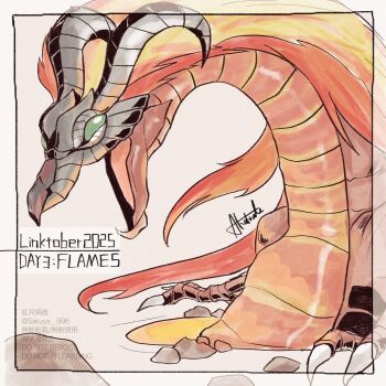 1other 2025 dated dragon english_text fire green_eyes highres hornd mane nintendo no_humans open_mouth rock sakuya_996 the_legend_of_zelda the_legend_of_zelda:_ocarina_of_time vlaws volvagia