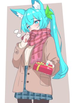 Rule 34 | 1girl, absurdres, animal ear fluff, animal ears, aqua eyes, aqua hair, aqua nails, blush, border, bright pupils, brown background, brown jacket, brown pantyhose, brown sweater, commentary request, cowboy shot, eggplant7217, fingernails, gift, green skirt, hand up, highres, holding, holding gift, jacket, long hair, long sleeves, looking to the side, misaki (eggplant7217), mole, mole under eye, nail polish, original, pantyhose, pleated skirt, ponytail, scarf, simple background, skirt, solo, striped clothes, striped scarf, striped skirt, sweater, white border, white pupils