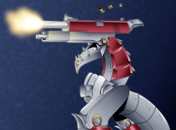 Rule 34 | 1other, blowback dragon, blue background, dragon, dragon tail, duel monster, firing, from side, gun, handgun, kyuhri miyazato, motion blur, no humans, object head, robot, sharp teeth, shell casing, solo, standing, tail, teeth, weapon, yu-gi-oh!