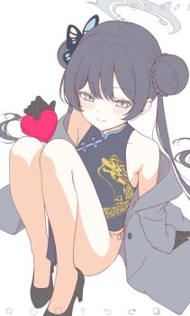 1girl art_program_in_frame bare_shoulders black_dress black_gloves black_hair black_shoes blue_archive blush box braid bun_with_braided_base butterfly_hair_ornament china_dress chinese_clothes closed_mouth collarbone commentary double_bun dragon_print dress eyelashes full_body gift gloves grey_eyes grey_halo grey_jacket hair_between_eyes hair_bun hair_ornament halo hand_up heart-shaped_box high_heels highres holding holding_gift ibispaint_(medium) jacket kisaki_(blue_archive) knees_up legs_together long_hair long_sleeves looking_at_viewer no_socks open_clothes open_jacket pelvic_curtain print_dress shoes sidelocks sitting sleeveless sleeveless_dress smile solo symbol-only_commentary twintails valentine very_long_hair wa_sumi