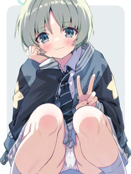 1girl :3 akayama_yukihe black_jacket black_necktie blue_archive blue_eyes blush border cameltoe closed_mouth collared_shirt commentary diagonal-striped_clothes diagonal-striped_necktie eyes_visible_through_hair feet_out_of_frame fingernails green_hair green_halo grey_background grey_skirt hair_between_eyes halo hand_on_own_cheek hand_on_own_face hands_up highres jacket long_sleeves looking_at_viewer miniskirt necktie open_clothes open_jacket outside_border panties plaid_clothes plaid_skirt pleated_skirt print_jacket ritsu_(blue_archive) school_uniform shirt short_hair simple_background skirt sleeves_past_wrists smile smug solo squatting star_(symbol) star_print straight-on striped_clothes underwear v white_border white_panties white_shirt