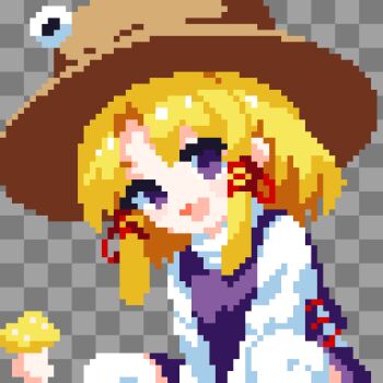 Rule 34 | 1girl, :d, arms between legs, artist logo, blonde hair, brown hat, checkered background, commentary, grey background, hair ribbon, hat, highres, logo, long sleeves, looking at viewer, medium hair, moriya suwako, mushroom, no nose, open mouth, parted bangs, pixel art, purple eyes, purple skirt, purple vest, red ribbon, ribbon, shirt, skirt, skirt set, smile, solo, squatting, takeez3, thighhighs, touhou, tress ribbon, vest, white shirt, white thighhighs