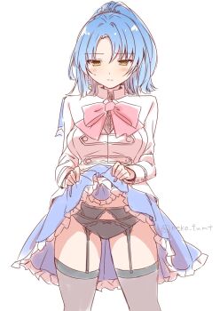 1girl assault_lily averting_eyes benini black_bow black_panties blue_hair blue_skirt blush bow bow_panties bowtie breasts brown_thighhighs buttons closed_mouth clothes_lift commentary_request cowboy_shot crescent crescent_earrings earrings frilled_skirt frills garter_belt hair_between_eyes hair_ornament hands_up herensuge_girls_academy_school_uniform high_ponytail highres jacket jewelry lifting_own_clothes long_sleeves looking_down makino_mitake medium_breasts medium_hair miniskirt panties parted_bangs pink_bow pink_bowtie ponytail school_uniform simple_background single_earring skirt skirt_lift solo standing sweatdrop thighhighs twitter_username underwear white_background white_jacket yellow_eyes