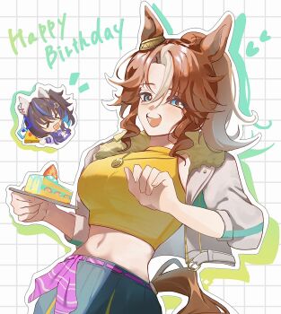 Rule 34 | > <, 2girls, 5sen5sen, animal ears, belt, blue hair, blush, bow, bowtie, breasts, brown hair, cake, cake slice, closed eyes, commentary request, crop top, cropped jacket, daitaku helios (umamusume), ear covers, ear ornament, food, fur-trimmed jacket, fur trim, green skirt, hair between eyes, hair ornament, hairclip, happy birthday, highres, holding, holding plate, horse ears, horse girl, horse tail, jacket, large breasts, long hair, long sleeves, mejiro palmer (line breakthrough) (umamusume), mejiro palmer (umamusume), midriff, multicolored hair, multiple girls, navel, open mouth, pink belt, plate, ponytail, purple sailor collar, purple shirt, sailor collar, sailor shirt, school uniform, shirt, side ponytail, skirt, smile, star (symbol), star hair ornament, streaked hair, tail, tracen school uniform, umamusume, white bow, white bowtie, white hair, white jacket, yellow shirt