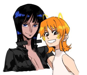 2girls black_dress black_hair blue_eyes blunt_bangs commentary dress guaguapiu highres looking_at_viewer medium_hair multiple_girls nico_robin one_piece orange_hair short_hair simple_background sleeveless sleeveless_turtleneck smile turtleneck white_background