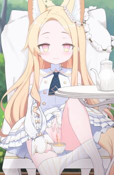 1girl absurdres animal_ears blonde_hair blue_archive breasts censored closed_mouth clothes_pull cup detached_sleeves dress extra_ears forehead fox_ears fox_girl frilled_dress frills halo highres loli long_hair long_sleeves looking_at_viewer mosaic_censoring paid_reward_available pantyhose pantyhose_pull pee pee_in_container peeing peeing_in_cup pussy red_eyes seia_(blue_archive) sitting small_breasts smile solo striped_clothes striped_pantyhose teacup vertical-striped_clothes vertical-striped_pantyhose watarurikka white_dress white_pantyhose yellow_halo