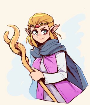 1girl absurdres black_cloak blonde_hair brellom circlet cloak dress green_eyes highres holding holding_staff long_hair looking_to_the_side nintendo pink_dress pointy_ears princess_zelda solo staff the_legend_of_zelda the_legend_of_zelda:_echoes_of_wisdom tri_rod upper_body