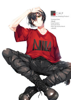 1boy alternate_costume alternate_eye_color black_hair boots combat_boots tooth_necklace green_eyes highres kazehaya_kamito nine_inch_nails oversized_clothes oversized_shirt red_shirt seirei_tsukai_no_blade_dance shimesaba_kohada shirt