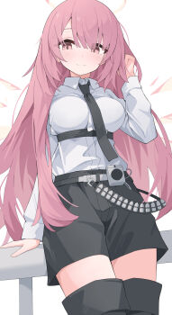 1girl absurdres arknights belt black_belt black_necktie black_shorts black_thighhighs blush breasts closed_mouth collared_shirt commentary_request highres lemuen_(arknights) looking_at_viewer medium_breasts necktie pink_eyes pink_hair shirt shorts smile solo thighhighs thighs white_shirt yuuko_(oruta) zettai_ryouiki