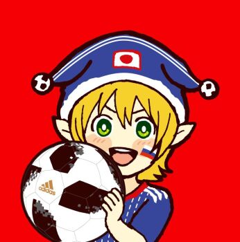 1boy adidas alternate_costume bad_id bad_pixiv_id ball blonde_hair blue_hat blue_shirt blush_stickers bright_pupils dwarf_(grimms_notes) flag_tattoo green_eyes grimms_notes hair_between_eyes hat holding holding_ball looking_at_viewer male_focus misoshiru_umai4 pointy_ears shirt short_hair smile soccer_ball solo tattoo teeth tongue translation_request upper_body upper_teeth_only v-shaped_eyebrows white_pupils