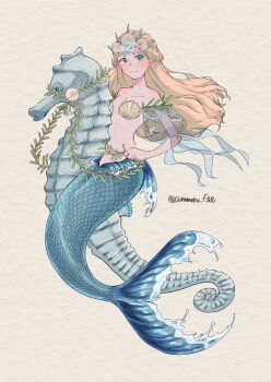 1girl 1other bikini bikini_top_only blonde_hair blue_eyes blue_tail blush braid collarbone commentary_request crown detached_sleeves fins fish hair_ornament harness highres holding jewelry light_frown long_hair looking_to_the_side mermaid monster_girl navel original pelvis seahorse seashell seaweed see-through_clothes see-through_sleeves shell shell_bikini shell_hair_ornament side_braids signature snout soramaru_ell swimsuit