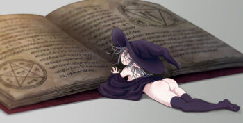 1girl ass black_cloak black_hat black_thighhighs book bottomless cloak fairy funakura grey_hair hat highres looking_at_viewer medium_hair messy_hair mini_person minigirl nipples no_shoes open_book original pointy_ears sanpaku solo thighhighs witch witch_hat