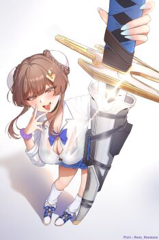 1girl absurdres arm_up black_bra blue_bow blue_nails blue_skirt blush bow bra braid braided_bun breasts brown_hair bun_cover button_gap chaos_zero_nightmare choker cleavage curvy double_bun dress drooling eyeliner gyaru hair_bun hair_ornament highres holding holding_sword holding_weapon hono_honmono huge_weapon jacket large_breasts looking_at_viewer makeup mole mole_under_mouth open_mouth piercing red_eyeliner school_uniform see-through_clothes see-through_shirt shirt shoes short_hair_with_long_locks skirt sneakers socks solo sword thighs tongue tongue_out tongue_piercing underwear weapon white_shirt white_socks yellow_eyes yuki_(chaos_zero_nightmare)
