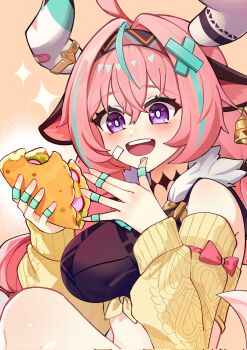 1girl :d ahoge animal_ears aqua_hair bandaid bare_shoulders bell blush bow braid breasts cow_ears crop_top food genshin_impact hair_between_eyes hair_intakes hair_ornament hairband highres holding holding_food horns long_hair long_sleeves medium_breasts midriff multicolored_hair open_mouth pink_hair purple_eyes smile solo streaked_hair taco teeth upper_teeth_only varesa_(genshin_impact) x_hair_ornament yellow_sleeves ymdm0826