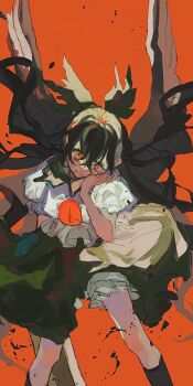 1girl arm_cannon black_hair black_wings bow closed_mouth commentary_request control_rod_(touhou) expressionless feathered_wings feet_out_of_frame green_bow green_skirt hair_between_eyes hair_bow hand_on_own_cheek hand_on_own_face highres leaning_forward long_bangs long_hair looking_at_viewer orange_background orange_eyes puffy_short_sleeves puffy_sleeves reiuji_utsuho shinjitsu_no_kuchi shirt short_sleeves simple_background skirt solo standing third_eye touhou weapon white_shirt wings