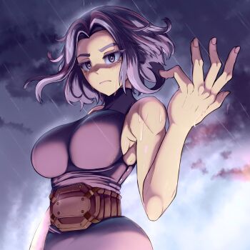 Rule 34 | 1girl, bare arms, boku no hero academia, breasts, closed mouth, cloud, commentary, curtained hair, dilan griz, dress, english commentary, hand up, highres, lady nagant, large breasts, looking at viewer, multicolored hair, outdoors, overcast, purple dress, purple eyes, purple hair, rain, serious, short hair, sky, sleeveless, sleeveless dress, sleeveless turtleneck, solo, streaked hair, tight clothes, tight dress, turtleneck, turtleneck dress, upper body