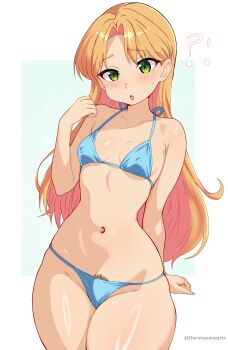 Rule 34 | !?, absurdres, arm behind back, bare shoulders, bikini, blue bikini, blush, breasts, collarbone, covered erect nipples, cowboy shot, female pubic hair, green background, green eyes, harutoyumaarts, highres, long hair, midriff, narrow waist, navel, open mouth, orange hair, pubic hair, pubic hair peek, ring light reflection, ruri no houseki, small breasts, solo, stomach, swimsuit, tanigawa ruri, thighs, twitter username, very long hair, white background