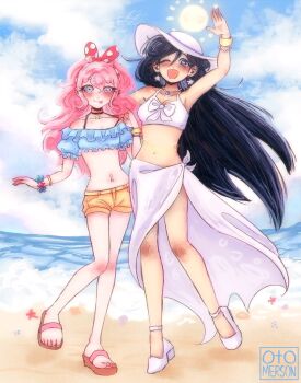 2girls :p ;d alternate_costume alternate_hairstyle arm_up artist_name aubrey_(faraway)_(omori) aubrey_(omori) bare_arms bare_legs bare_shoulders bikini black_choker black_eyes black_hair blue_eyes blue_shirt blue_sky blush bow bow_bikini bow_hairband bracelet breasts bright_pupils brown_sandals choker cleavage closed_mouth cloud collarbone commentary crop_top cropped_shirt curly_hair denim denim_shorts double-parted_bangs earrings english_commentary frilled_shirt frilled_sleeves frills full_body gold_bracelet hair_behind_ear hair_between_eyes hairband hand_up hat hatching_(texture) heart high_heels highres jewelry knees_together_feet_apart long_hair looking_at_viewer mari_(faraway)_(omori) mari_(omori) midriff multicolored_hairband multiple_girls nail_polish navel navel_piercing necklace off-shoulder_shirt off_shoulder omori one_eye_closed open_mouth otomerson outdoors pearl_bracelet pearl_necklace piercing pink_hair platform_sandals polka_dot_hairband puffy_short_sleeves puffy_sleeves red_hairband sand sandals sarong shirt shoes short_shorts short_sleeves shorts sidelocks sky small_breasts smile standing standing_on_one_leg star_(symbol) star_bracelet star_choker star_earrings sun sun_hat swimsuit tareme toenails toes tongue tongue_out two-tone_hairband very_long_hair water waving white_bikini white_bow white_hairband white_hat white_nails white_pupils white_sarong white_shoes yellow_shorts