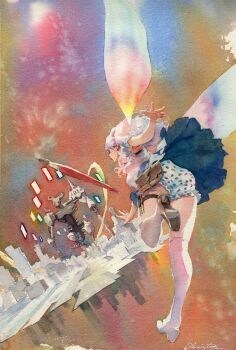 1girl aris_0827 armpits block_heels blue_skirt commentary_request food_print from_behind fruit_print grey_hair highres leaning_forward long_hair monster original paintbrush painting_(medium) panties pantyshot print_panties shirt shoes short_sleeves signature skirt solo strawberry_panties strawberry_print thighhighs traditional_media underwear upskirt watercolor_(medium) white_panties white_shirt white_shoes white_thighhighs wings