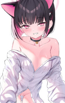 1girl animal_ears bar_censor black_choker black_hair blue_archive blush bottomless breasts cat_ears censored choker cleavage collarbone colored_inner_hair hair_behind_ear halo highres kazusa_(blue_archive) looking_at_viewer multicolored_hair naked_shirt no_bra onibi_(will_o_wisp24) oversized_clothes oversized_shirt partially_unbuttoned pink_eyes pink_hair pussy see-through_silhouette shirt short_hair smile solo streaked_hair sweat two-tone_hair upper_body white_background white_shirt