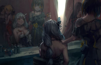 5girls aamond bare_shoulders bottle breasts character_request check_character commentary_request cup dress drinking_glass earrings eyepatch girls'_frontline highres hk416_(girls'_frontline) hk416_(starry_cocoon)_(girls'_frontline) jewelry m16a1_(girls'_frontline) mac-10_(girls'_frontline) makeup mirror multiple_girls necklace perfume_bottle red_dress reflection skorpion_(crimson_starlet)_(girls'_frontline) skorpion_(girls'_frontline) smile wa2000_(ballroom_interlude)_(girls'_frontline) wa2000_(girls'_frontline) wine_glass yellow_eyes