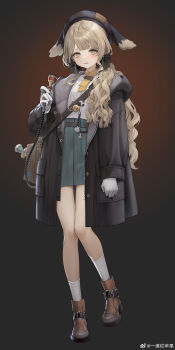 1girl absurdres animal_hat arm_at_side belt beret black_background black_bow black_coat black_hat blonde_hair boots bow bow_earrings bright_pupils brown_belt brown_boots cable chinese_commentary coat commentary_request crying crying_with_eyes_open curly_hair earrings full_body gloves gradient_background green_skirt hair_over_shoulder hand_up hat high-waist_skirt highres hood hood_down hooded_coat jewelry knees_together_feet_apart light_blush long_hair looking_at_viewer necktie nervous object_request open_clothes open_coat original petite pocket radial_gradient_background reverse:1999 ringed_eyes shirt short_necktie skirt socks solo standing standing_on_one_leg tears tears_from_one_eye very_long_hair watermark wavy_mouth weibo_watermark white_gloves white_shirt white_socks yellow_eyes yellow_necktie yitan_lan_pingguo