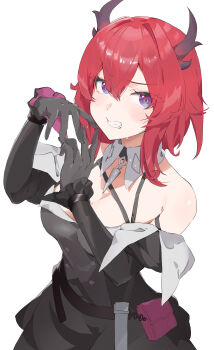 Rule 34 | 1girl, absurdres, arknights, arknights: endfield, asobi nin, bare shoulders, black dress, black gloves, black horns, black sleeves, breasts, cleavage, clenched teeth, commentary, detached sleeves, dress, eyes visible through hair, gloves, hair between eyes, highres, horns, laevatain (arknights), long sleeves, looking at viewer, medium breasts, medium hair, own hands together, purple eyes, red hair, simple background, solo, surtr (arknights), teeth, white background