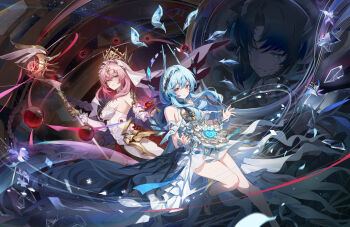 Rule 34 | 3girls, absurdres, bare shoulders, black gloves, blue hair, breasts, commentary request, dress, gloves, headgear, highres, holding, holding staff, ishmael (pgr), large breasts, liv: limpidity (pgr), liv (pgr), long hair, melinoe (pgr), multiple girls, parted lips, pink hair, punishing: gray raven, salmonppang, smile, staff, thighs, veil, white dress, white veil, yellow eyes