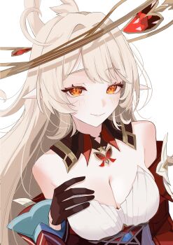 1girl absurdres alice_(genshin_impact) black_gloves blonde_hair breasts cleavage closed_mouth commentary_request cowlick detached_collar detached_sleeves dress elf gaohuang43450 gem genshin_impact gloves hair_between_eyes highres jewelry long_hair pointy_ears red_dress red_sleeves side_ahoge smile upper_body very_long_hair