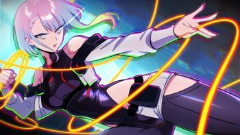 1girl absurdres bare_shoulders black_leotard breasts cowboy_shot cropped_jacket crossover cyberpunk:_edgerunners cyberpunk_(series) glowing glowing_eyes grey_eyes grey_hair guilty_gear guilty_gear_strive highres holding holding_whip jacket leotard lucy_(cyberpunk) medium_breasts pea-bean shorts solo white_jacket white_shorts