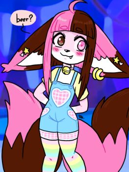 1girl :3 ahoge artist_name blush cameltoe earrings english_text eyzmaster fang female_focus flat_chest furry indie_virtual_youtuber jewelry large_ears loli multiple_tails neck_bell overalls pink_hair solo standing striped striped_legwear tail two_tails ywuukii