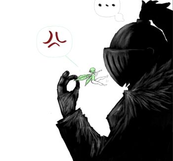 ... 1boy 1girl anger_vein armor black_armor black_fur black_helmet black_souls cape fairy fairy_wings flying_kick fur-trimmed_cape fur_trim green_hair green_leotard green_wings grimm_(black_souls) helmet holding kicking leaf_(black_souls) leotard long_sleeves looking_at_another pinching pointy_ears raised_fist sadleyn short_hair speech_bubble spoken_anger_vein white_background wings