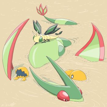 0bon commentary_request desert dragon evolutionary_line fangs flygon gen_3_pokemon green_wings highres nintendo no_humans open_mouth outdoors pokemon pokemon_(creature) pokemon_focus red_eyes sand skin_fangs tail trapinch vibrava wings