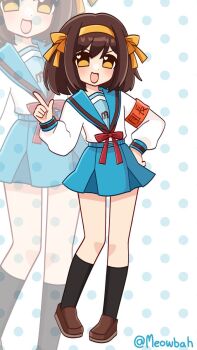 Rule 34 | 1girl, artist name, black socks, blue sailor collar, blue skirt, brown hair, brown shoes, full body, hairband, highres, index finger raised, kita high school uniform, kneehighs, long sleeves, looking at viewer, medium hair, meowbah, open mouth, orange hairband, polka dot, polka dot background, red ribbon, ribbon, sailor collar, school uniform, serafuku, shirt, shoes, signature, skirt, smile, socks, standing, suzumiya haruhi, suzumiya haruhi no yuuutsu, thigh gap, v-shaped eyebrows, watermark, white shirt, yellow eyes, yellow hairband, yellow ribbon, zoom layer