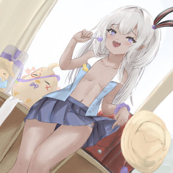 1girl :d azur_lane bare_shoulders blonde_hair blue_skirt blue_vest blush breasts candy clothes_lift commentary_request dark-skinned_female dark_skin fang food from_below hair_between_eyes hair_ribbon hand_up hip_focus holding holding_candy holding_food holding_lollipop indoors lollipop long_hair looking_at_viewer looking_down midriff miniskirt mumei_shumi navel no_bra nude open_clothes open_mouth open_vest panties panty_peek pleated_skirt presenting purple_eyes ribbon skirt skirt_lift small_breasts smile smug solo striped_ribbon teasing thigh_gap thighs u-31_(azur_lane) u-31_(let's_go_home)_(azur_lane) unbuttoned underwear very_long_hair vest