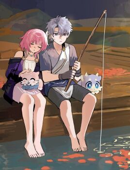 1boy 1girl absurdres animal animal_on_lap barefoot black_shorts chimera_(honkai:_star_rail) coat cyrene_(aedes_elysiae)_(honkai:_star_rail) cyrene_(honkai:_star_rail) dress feet fishing fishing_rod grey_shirt hashtag-only_commentary head_on_another's_shoulder highres holding holding_fishing_rod honkai:_star_rail honkai_(series) jewelry necklace nongxy_nonshi on_lap phainon_(honkai:_star_rail) phainon_(vigethos)_(honkai:_star_rail) pink_hair purple_coat shirt short_hair shorts toes white_dress white_hair