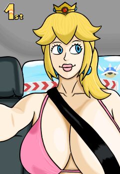 1girl averting_eyes bikini blonde_hair blue_eyes blue_shell_(mario) breasts convenient_censoring driving gameplay_mechanics highres large_breasts long_hair mario_(series) mario_kart nintendo one_breast_out pink_bikini pink_lips ponytail princess princess_peach smile solo swimsuit teasing