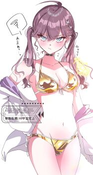 1girl absurdres ahoge bags_under_eyes bikini blue_eyes blush braid breasts butterfly_hair_ornament cleavage collarbone commentary cowboy_shot ear_piercing front-tie_bikini_top front-tie_top gakuen_idolmaster gold_bikini golden_week goslingwallows hair_between_eyes hair_ornament halterneck hand_on_own_hip highres idolmaster jacket kaya_rinha long_hair long_sleeves looking_at_viewer medium_breasts mole mole_on_neck navel off_shoulder open_clothes open_jacket piercing purple_hair shiny_swimsuit side-tie_bikini_bottom side_braid silver_choker simple_background solo spoken_squiggle squiggle stomach string_bikini swimsuit translation_request twintails two-sided_fabric two-sided_jacket watermark white_background white_jacket