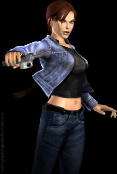 1girl 3d breasts brown_hair female_focus gangsta_hold gun handgun highres lara_croft large_breasts long_hair midriff navel open_clothes open_shirt pants pistol shirt simple_background solo tomb_raider weapon