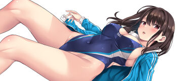 Rule 34 | 1girl, blush, breasts, brown hair, cleavage, comiket 106, commentary request, competition swimsuit, covered navel, hair between eyes, hair intakes, jacket, jacket over swimsuit, large breasts, looking at viewer, mizuhara yuu, one-piece swimsuit, original, parted lips, pink eyes, pink nails, sideboob, simple background, solo, swimsuit, thighs, white background