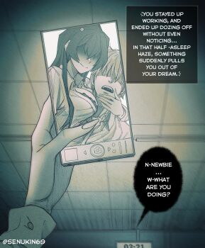 1boy 1girl absurdres artist_name breast_press breasts cellphone closed_mouth collared_shirt commentary english_commentary english_text fingernails hetero highres holding holding_phone indoors insomniac_workers large_breasts long_hair monochrome office_lady_(senukin) open_mouth phone pov pov_hands selfie senukin shaded_face shirt short_hair smartphone smile speech_bubble talking twitter_username