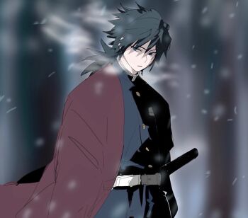 1boy black_hair black_jacket black_pants demon_slayer_uniform forest haori high_collar highres jacket japanese_clothes katana kimetsu_no_yaiba long_hair low_ponytail male_focus nature outdoors pants ponytail print_haori snow solo spiked_hair sword tomioka_giyuu upper_body weapon yamakadatoomota