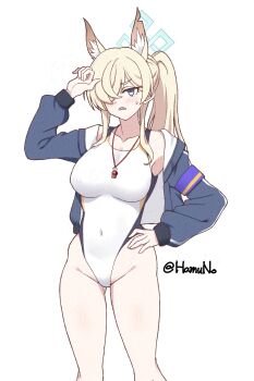 1girl animal_ear_fluff animal_ears armband blonde_hair blue_archive blue_eyes blue_halo blue_jacket breasts competition_swimsuit covered_navel dog_ears dog_girl extra_ears feet_out_of_frame hair_over_one_eye halo hamuno hand_on_own_hip highleg highleg_one-piece_swimsuit highres jacket kanna_(blue_archive) kanna_(swimsuit)_(blue_archive) large_breasts long_hair looking_at_viewer notched_ear official_alternate_costume one-piece_swimsuit ponytail purple_armband sharp_teeth simple_background solo swimsuit teeth twitter_username white_background white_one-piece_swimsuit