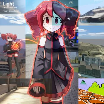 2boys 2fort 2girls ahoge bare_shoulders barney_calhoun black_shirt black_sleeves commentary cowboy_shot detached_sleeves drill_hair dual_persona english_commentary english_text full_body game_screenshot_background garry's_mod gm_construct_(garry's_mod) gravity_gun hair_between_eyes half-life half-life_(series) half-life_1 heads-up_display highres kasane_teto kasane_teto_(utau) long_sleeves looking_at_viewer multiple_boys multiple_girls parasoru_buruu red_eyes red_hair red_trim screenshot_background shirt sleeveless sleeveless_shirt smile solo_focus straight-on team_fortress_2 twin_drills user_interface utau